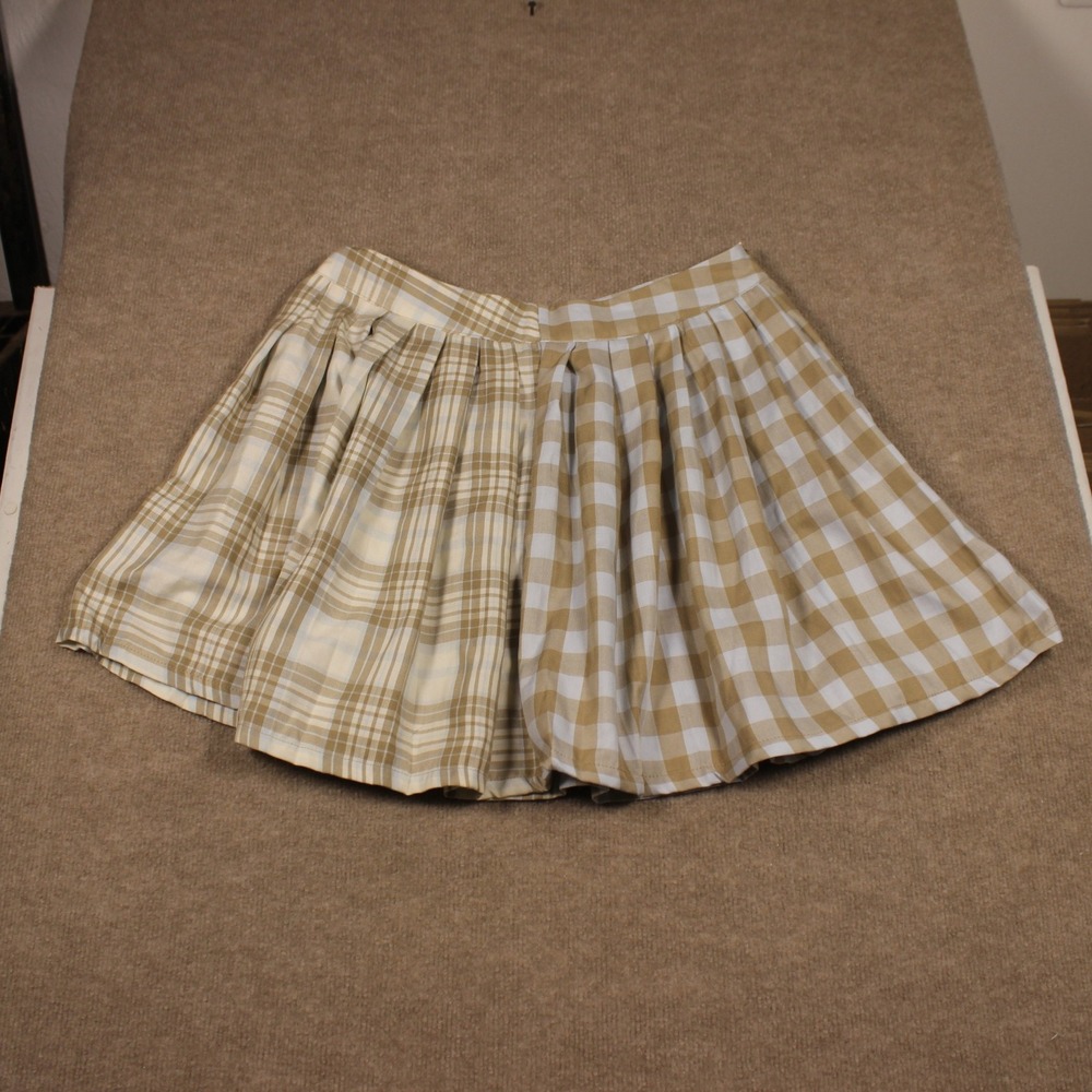 Rue21 Tan White Plaid Split Pattern Pleated Mini Skirt XL Skater Preppy Woven